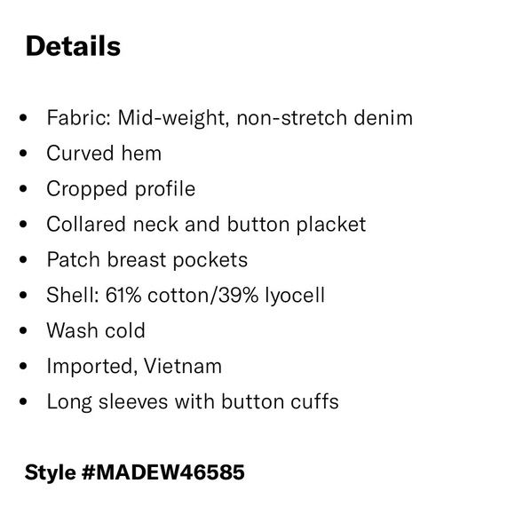 NWOT Madewell Denim Long Sleeve Crop Button Down Shirt - Picture 10 of 10